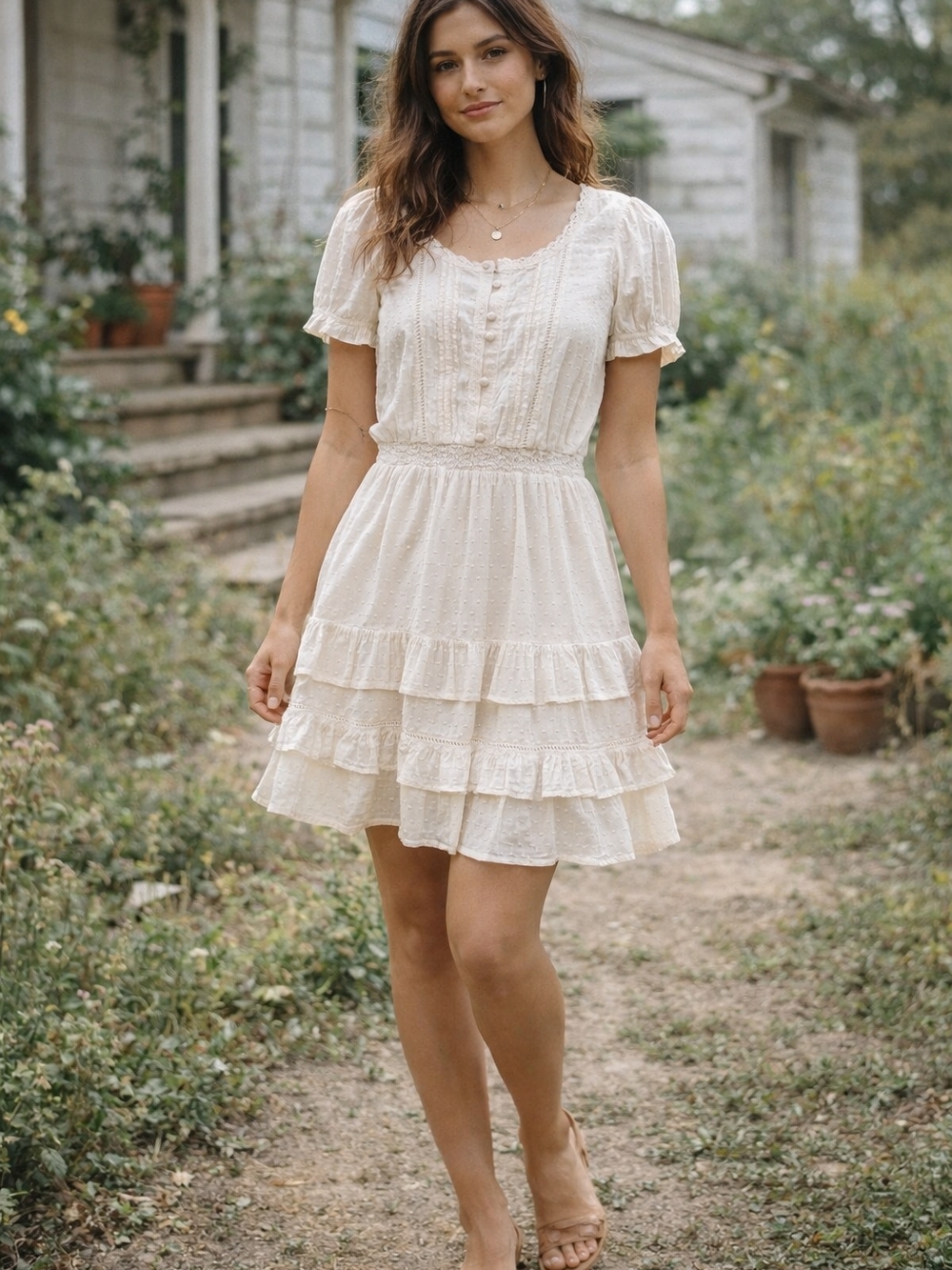 Lauren Cord White Lace Mini Dress Ruffles Hem Short Sleeve Eurosummer Boho